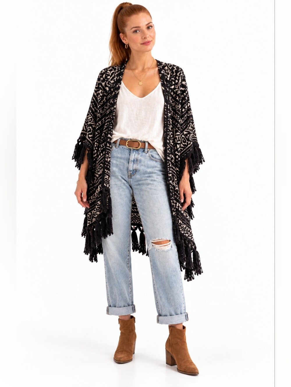 Free People Black Gray Jacquard Oversized Fringe Kimono Cardigan M/L